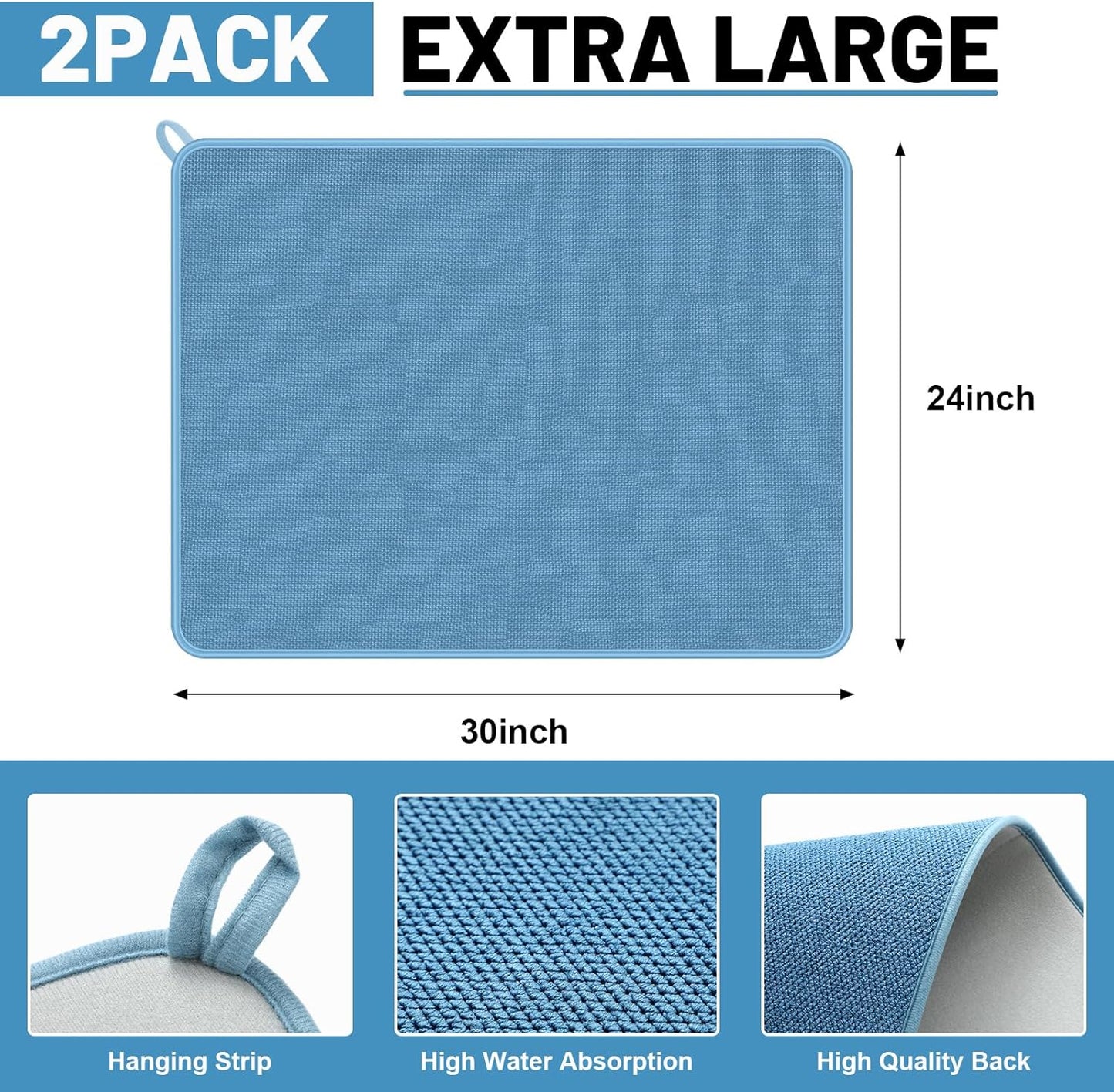 Hushee 2 Pack Extra Large Dish Drying Mat Microfiber Absorbent Dish Drying Pad Large Size Dishes Drainer Mats for Countertop, Sink, Refrigerator or Dryer (30 x 24 Inch,Blue, Gray)