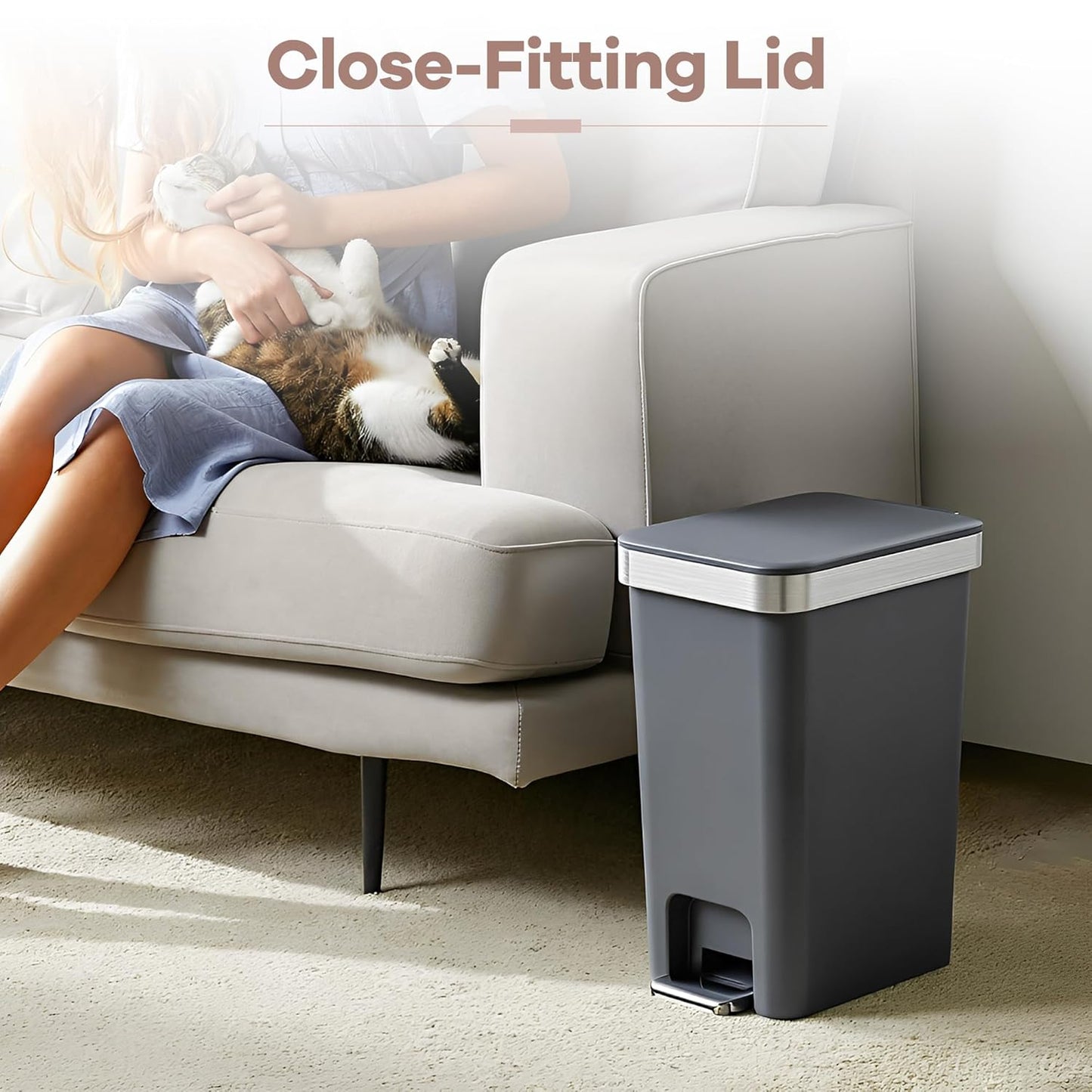 Small Bathroom Trash Can with Lid Soft Close, 10 Liter/2.6 Gallon Slim Garbage Can-Metal Step and Press top Lid, Mini Modern Waste Basket for Toilet, Office, Bedroom,Dorm,Dark Gray