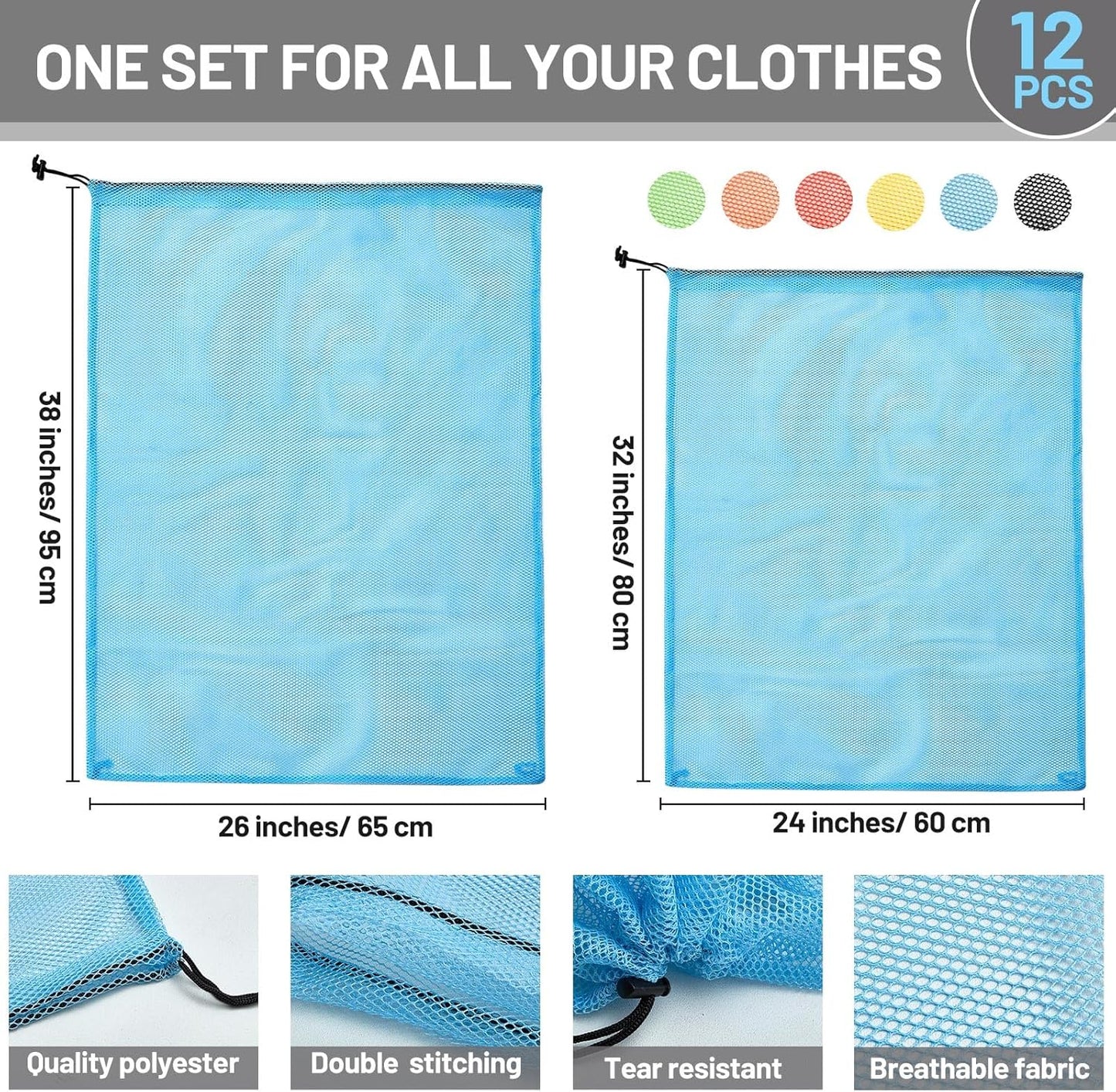Berlune 12 Pcs Large Laundry Bag Colorful Extra Large Mesh Laundry Bag Bulk with Drawstring Heavy Duty Mesh Machine Washable Drawstring Pouch (38 * 26in)