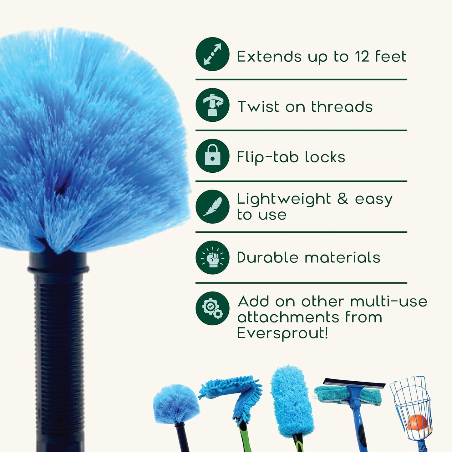 EVERSPROUT 1.5-to-3 Foot Cobweb Duster and Extension-Pole Combo (8-10 Ft Standing Reach, Soft Bristles) | Hand Packaged | Lightweight, 3-Stage Aluminum Pole | Indoor & Outdoor Use Brush Attachment