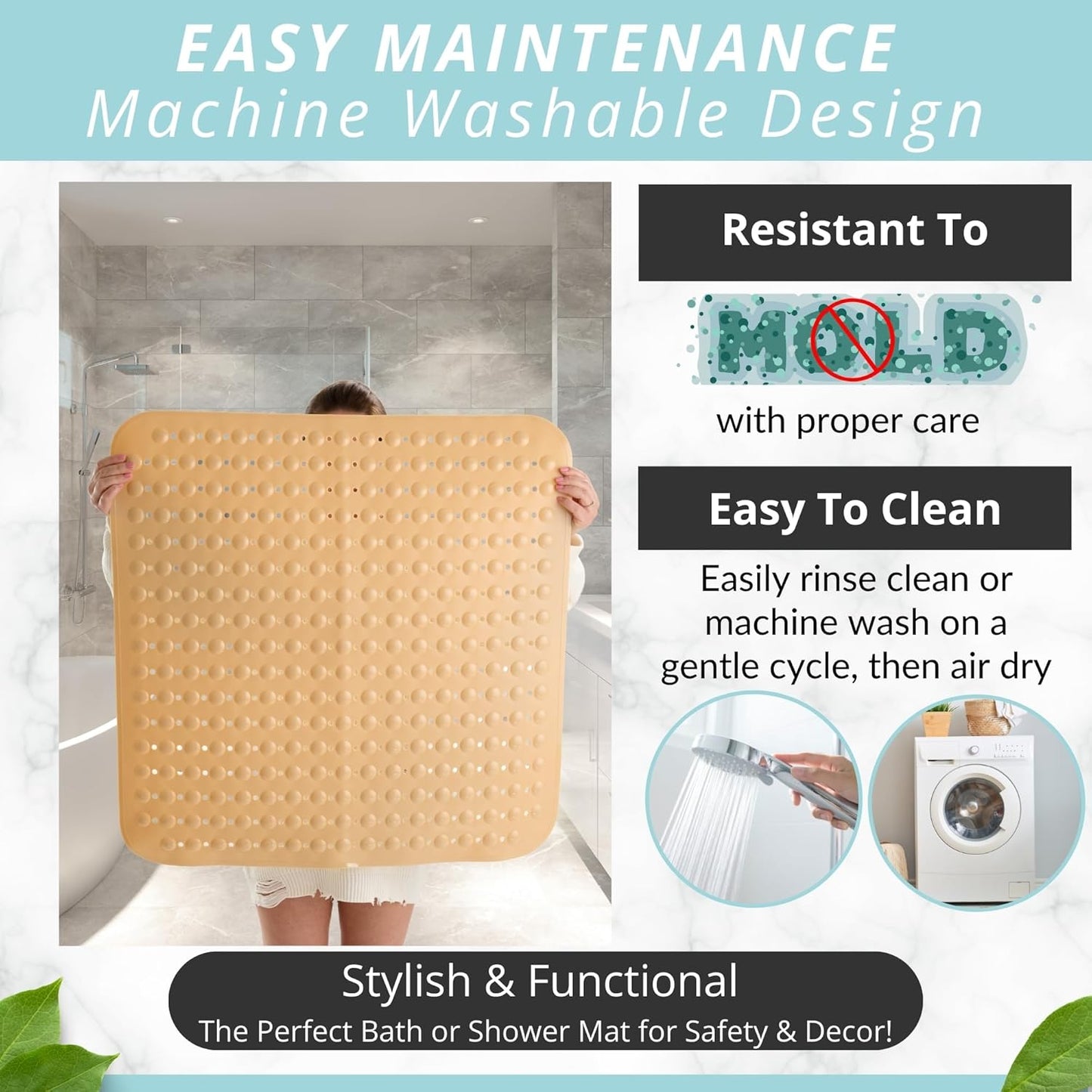 ENKOSI Extra Large Square Non Slip Shower Mat - 31 x 31-inch XL Bathroom Shower Mat - Square Shower Mats for Shower Stall Floors | Secure Suction Cups and Drain Holes (31x31 Beige Opaque)