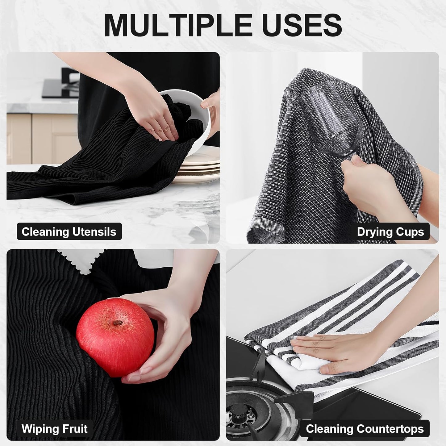 Homaxy Premium Kitchen Towels(18”x 28”, 9 Pack), Large Cotton 380 GSM Kitchen Hand Towels, Soft and Absorbent Terry Dish Towels, Multipurpose Tea Towel Set with Hanging Loop, Black