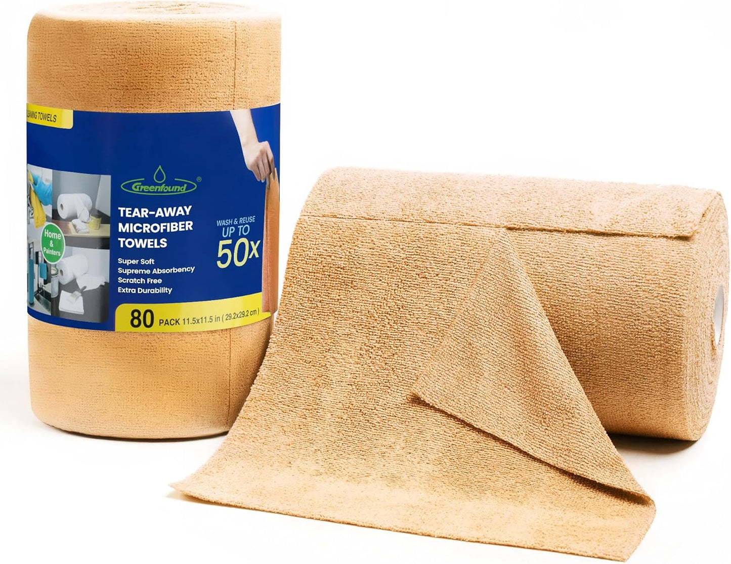 Greenfound Microfiber Cleaning Cloth Roll -80 Pack, 11.5x11.5, Tear Away Towels, Reusable and Washable Rags, Orange
