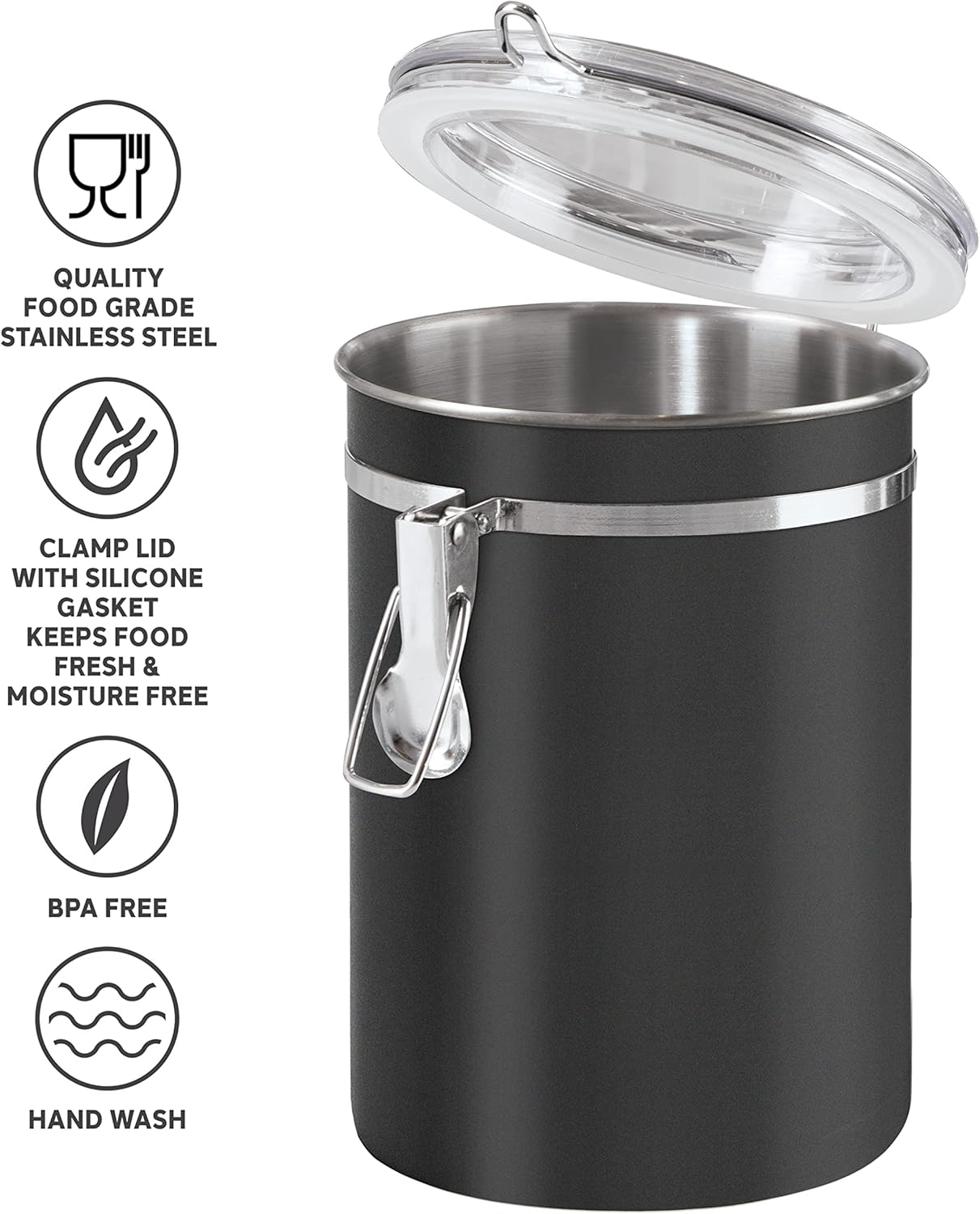 Oggi Stainless Steel Kitchen Canister 47 fl oz, Black - Airtight Clamp Lid, Clear See-Thru Top - Ideal for Kitchen Storage, Food Storage, Pantry Storage. Large Size 5" x 6".