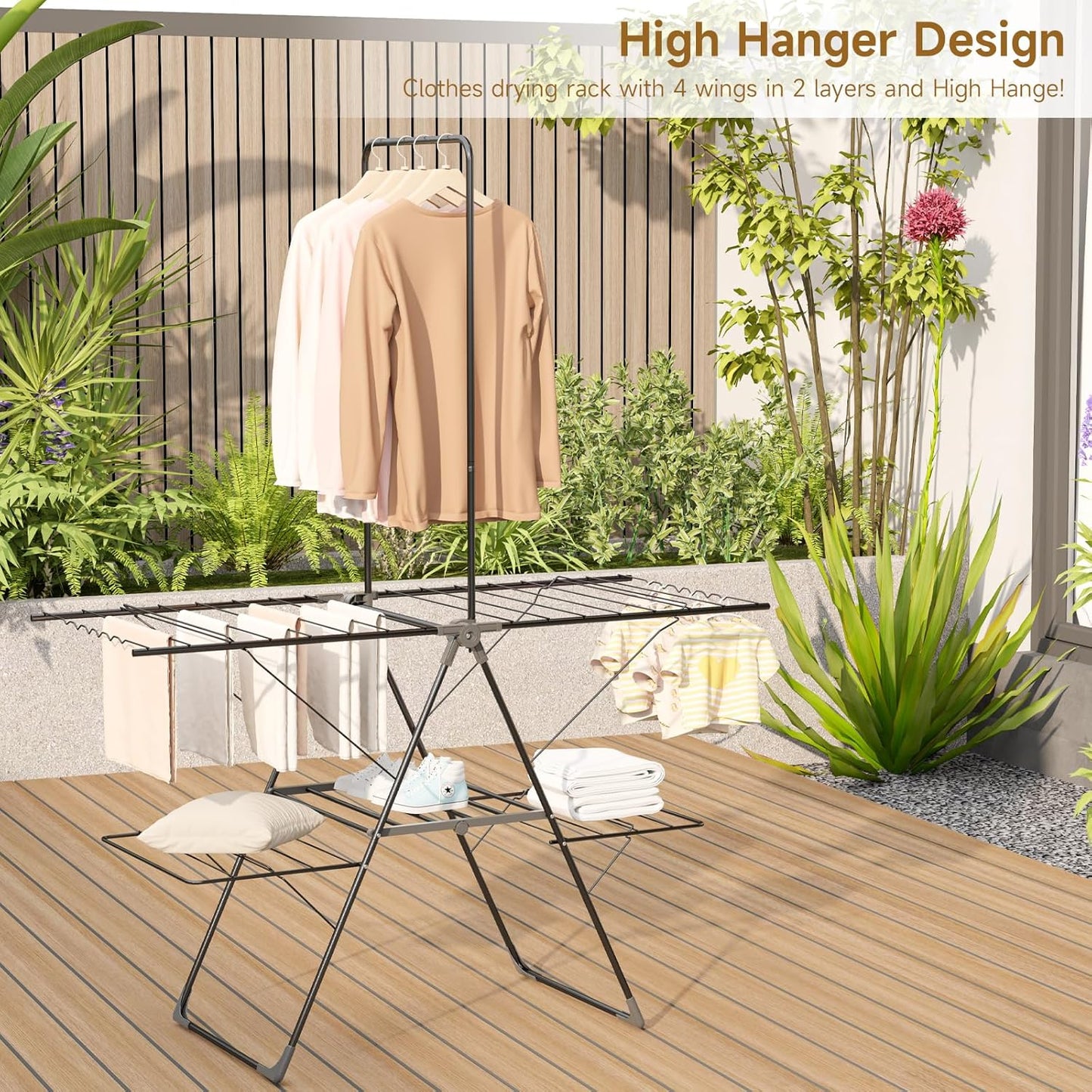 Bigzzia Clothes Drying Rack Foldable, 68.9Inch High Hanger Laundry Drying Rack with 4 Height-Adjustable Wings, Lightweight and Space Saving Clothes Airer for Apartments, Dorms, Camping
