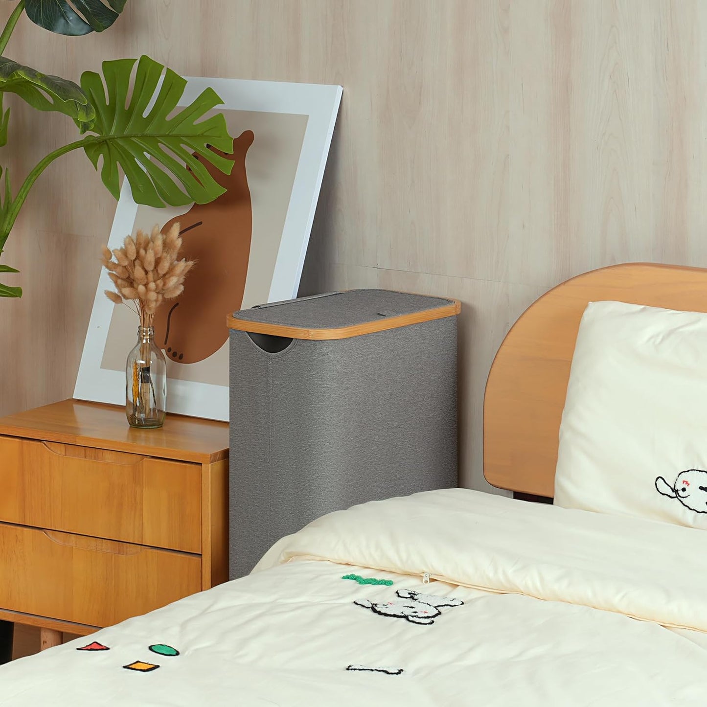 Slim Laundry Basket with Wheels,Narrow Hampers for Laundry, Laundry Hamper with Lid&Bamboo Handles,Dirty Clothes Hamper for for Bathroom Bedroom Dorm, 60L Grey