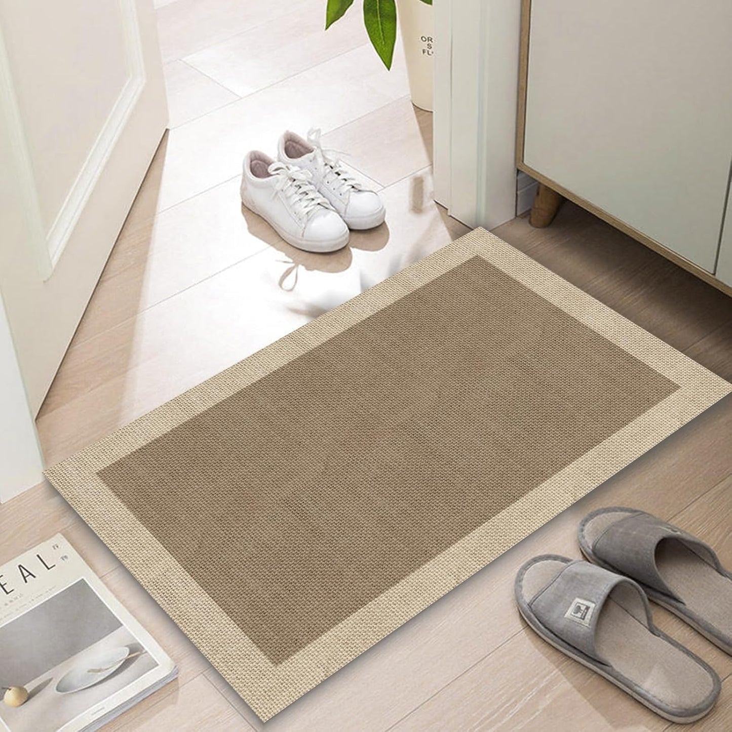 Ultra Thin Door Mat Indoor Entrance, 1/10 in Thin Door Mats for Inside Entry, Non-Slip Rubber Backing Washable Doormat, Fade Resistant, Absorbent, Low Profile Dirt Trapper, 35"X24",Brown