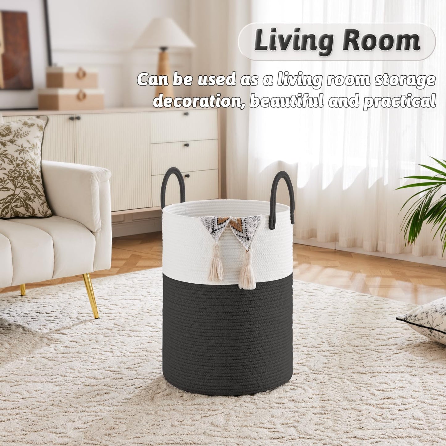 Laundry Basket,Woven Cotton Rope Laundry Hamper,60L for Decorative Storage of Dirty Clothes,Toys and Blankets in Bathroom,Baby Room and Living Room