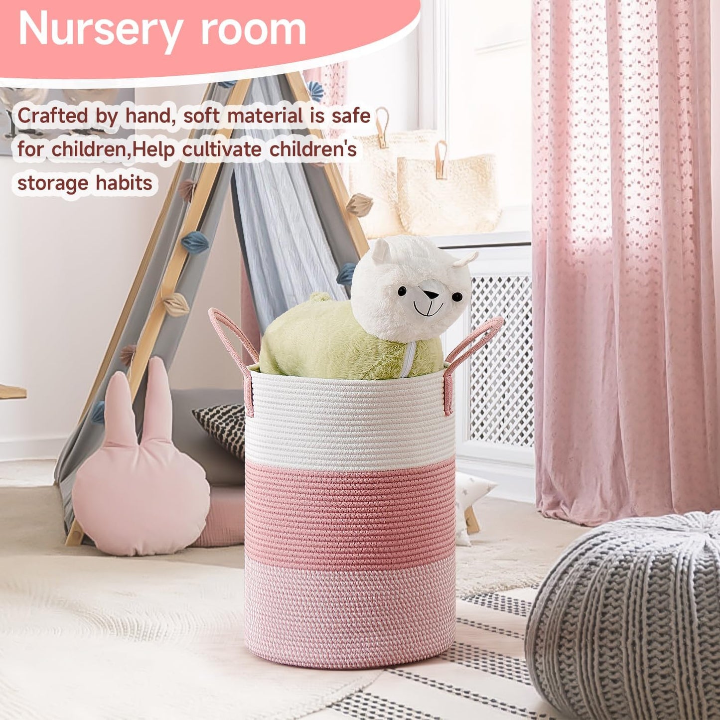 CLHMILY&Z 60L Laundry Basket Round Storage Rope Basket - 15x20.5 Inches - Pink Hamper in Bedreoom and Cute Storage Bin for Blankets, Toys, and Nursery Essentials