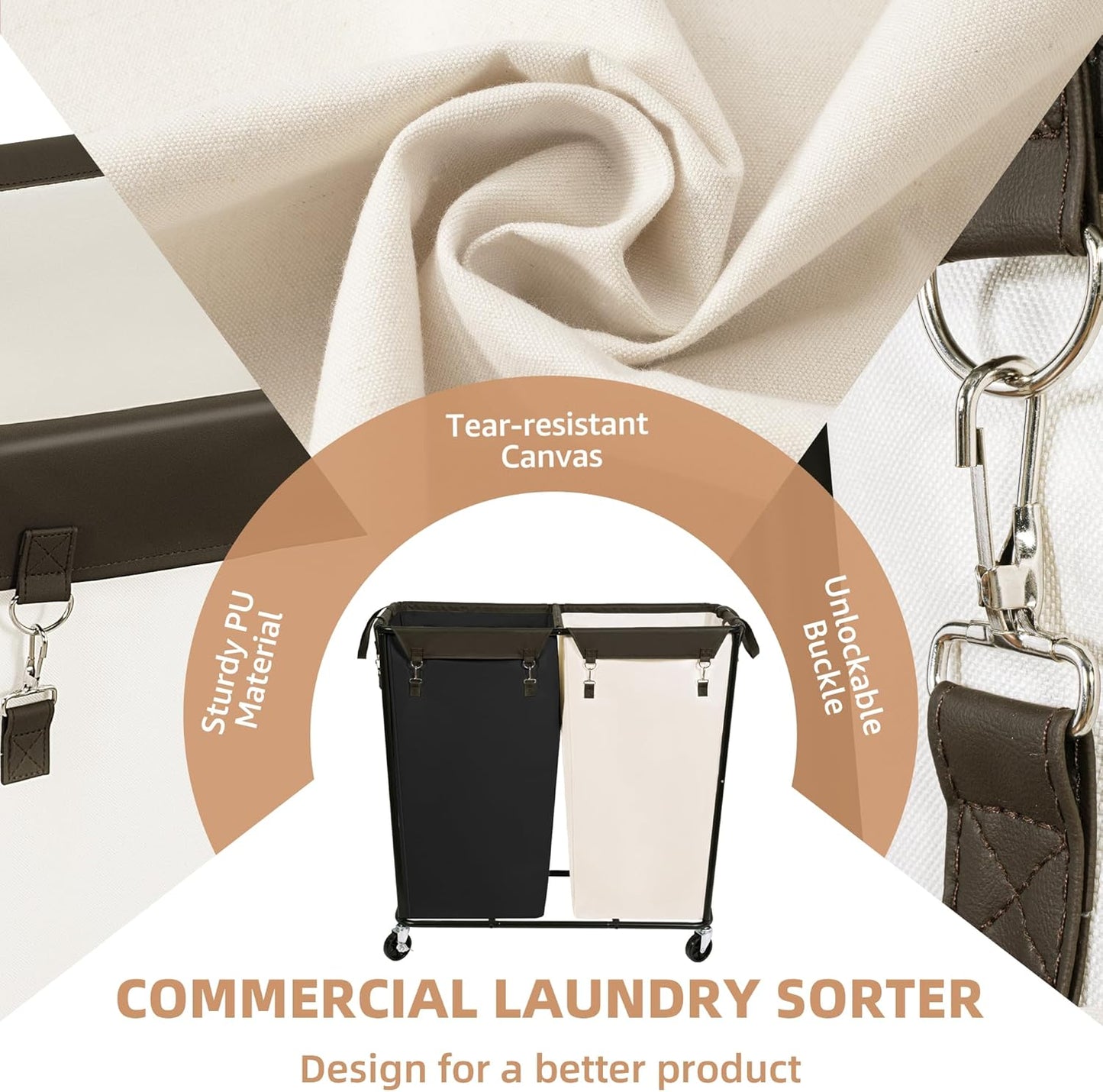 STORAGE MANIAC Commercial Laundry Hamper with Heavy Duty Steel Frame, 74 Gal. Industrial Laundry Basket Cart with Wheels for Hotel, Home, Laundry Room, Big Large Clothes Sorter, 2 Section Beige/Black