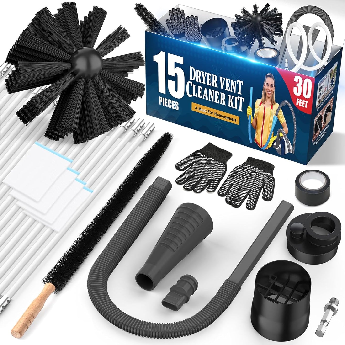 Sealegend 15-Piece Dryer Vent Cleaner Kit Omnidirectional Dryer Cleaning Kit Include 30 Feet Dryer Vent Brush, Black Dryer Lint Vacuum Attachment&Dryer Lint Trap Brush, Vacuum & Dryer Adapters