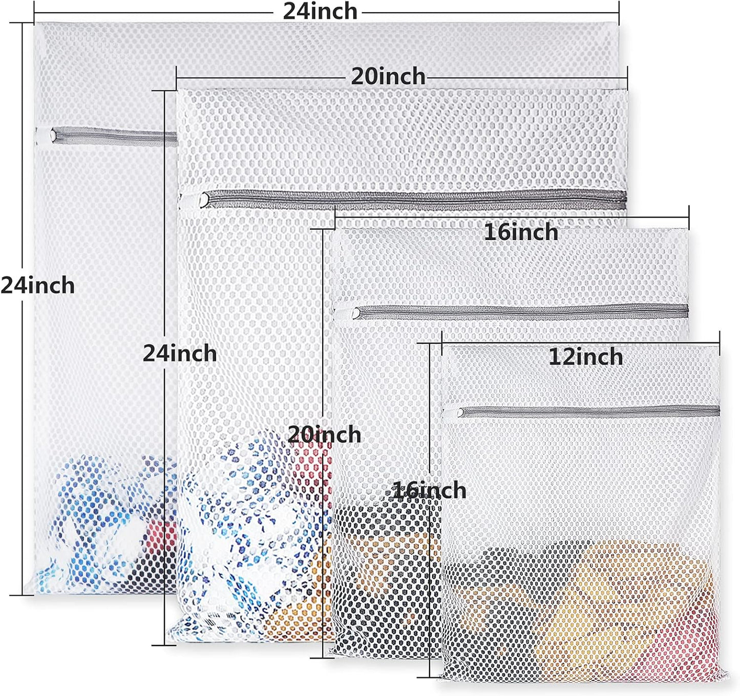 4Pcs Durable Honeycomb Mesh Laundry Bags for Delicates Reusable Wash Bag(1XX-Large 24 x 24 Inches,1X-Large 20 x 24 Inches,1 Large 16 x 20 Inches, 1 Medium 12 x 16 Inches)