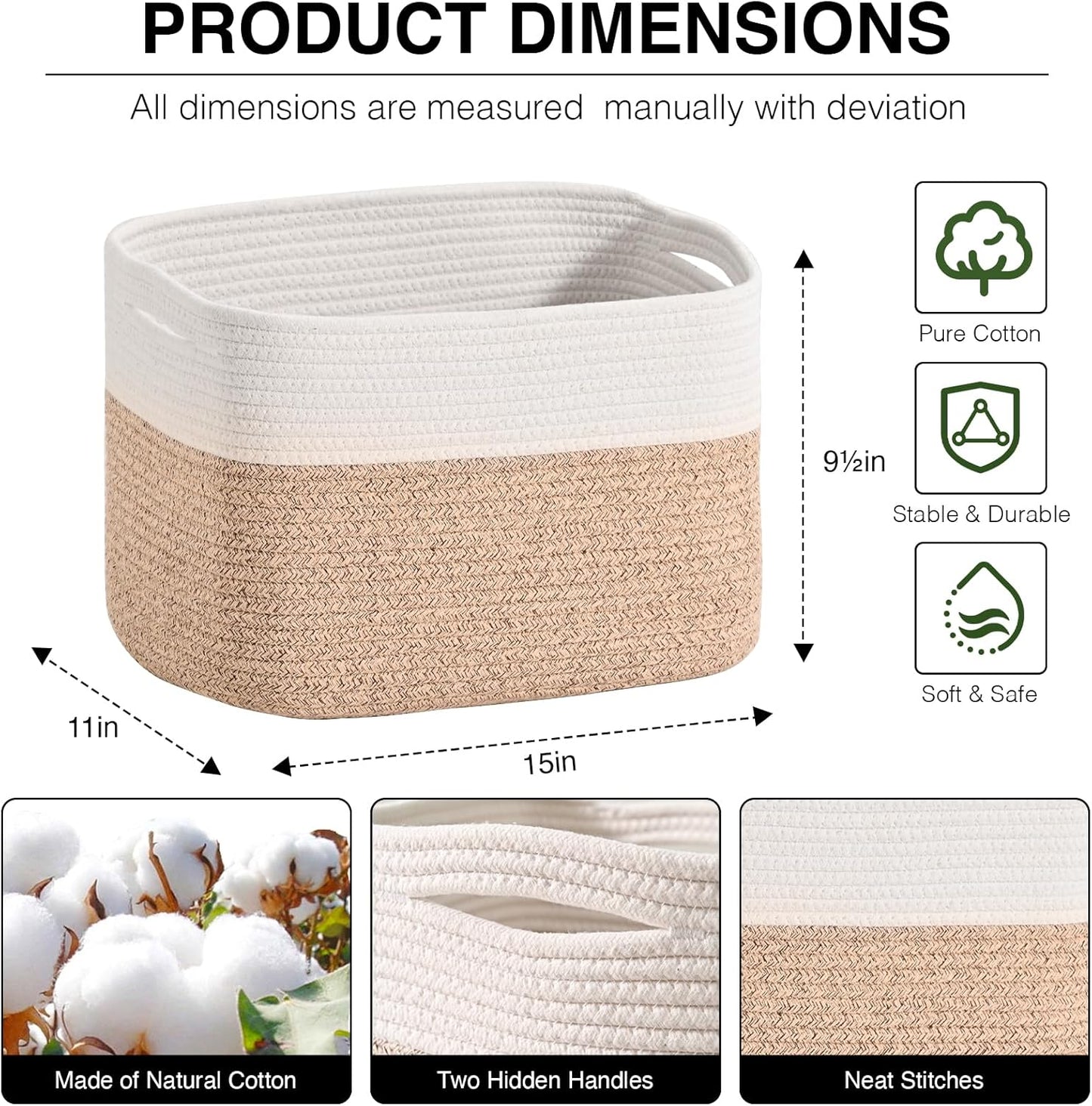 Woven Cotton Rope Storage Basket for Organizing, Cute Decorative Baskets for Gifts Empty, Organizer Bins for Dog Toy, Baby Laundry, 15“×11”×9.5“, Off White & Brown