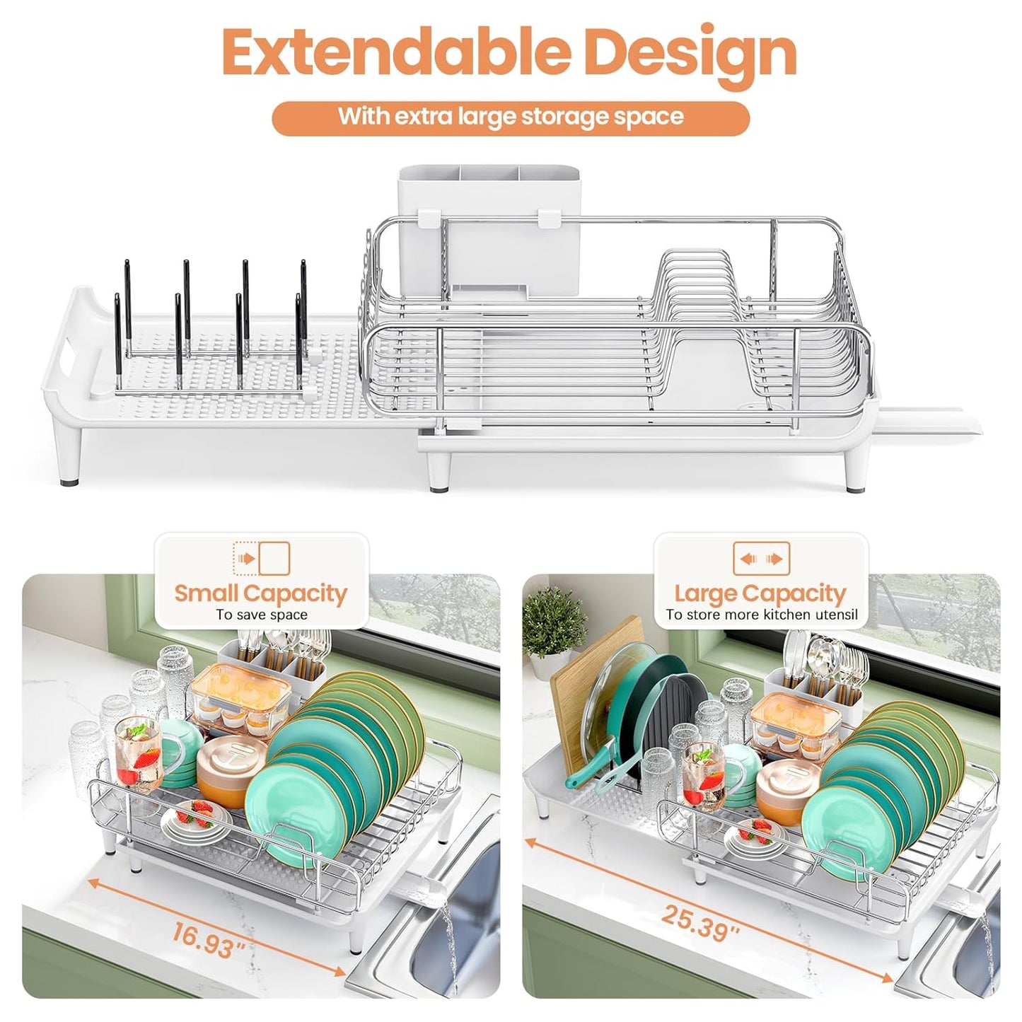 Expandable Dish Drying Rack, Foldable Dish Rack for Kitchen Counter, Stainless Steel Collapsible Dish Drainer Racks with Cutlery Holder, White