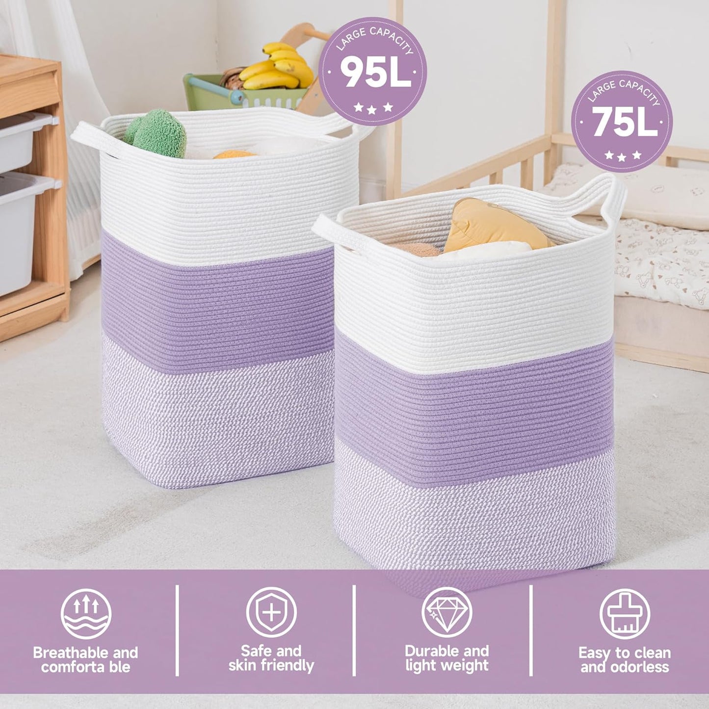 CLHMILY&Z 95L Laundry Basket Rectangular Lavender Rope - 16x15x24 Inches - Dirty Clothes and Soft Storage Bin for Blankets, Toys, and Nursery Essentials