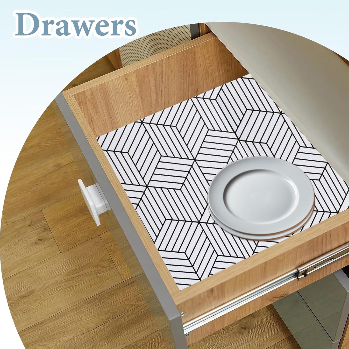 Shelf Liners for Kitchen Cabinets Non Adhesive Shelf Liner Paper Non-Slip Thickened Drawer Liner Easy to Clean for Tool Box Refrigerator with Knife and Tape Measure, Black Geometric, 17.3 x 354.3 in