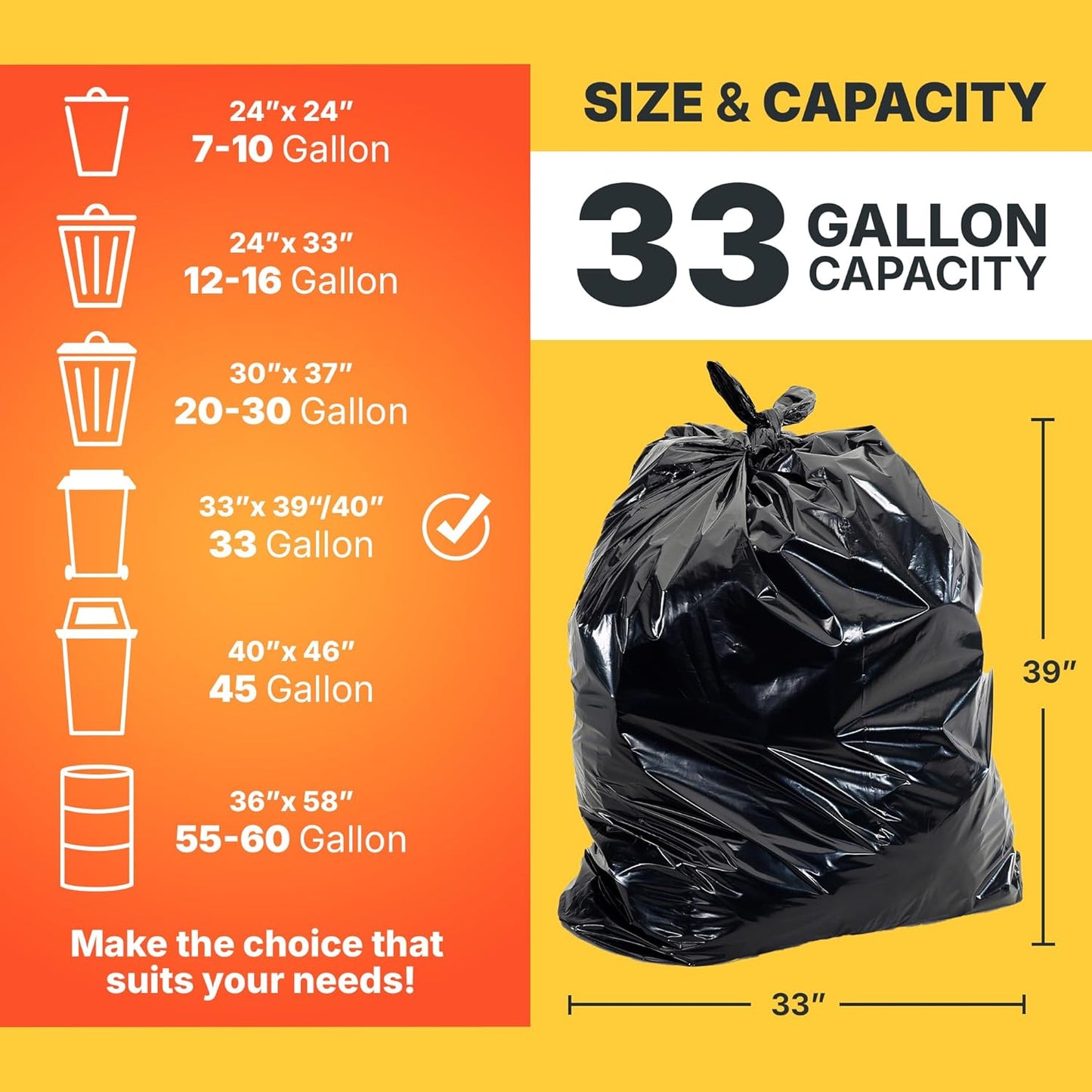 33 Gallon Trash Bags, 30 Micron Heavy Duty Pure LDPE Garbage Can Liners, 33" x 39" Large, Black, 100 Count