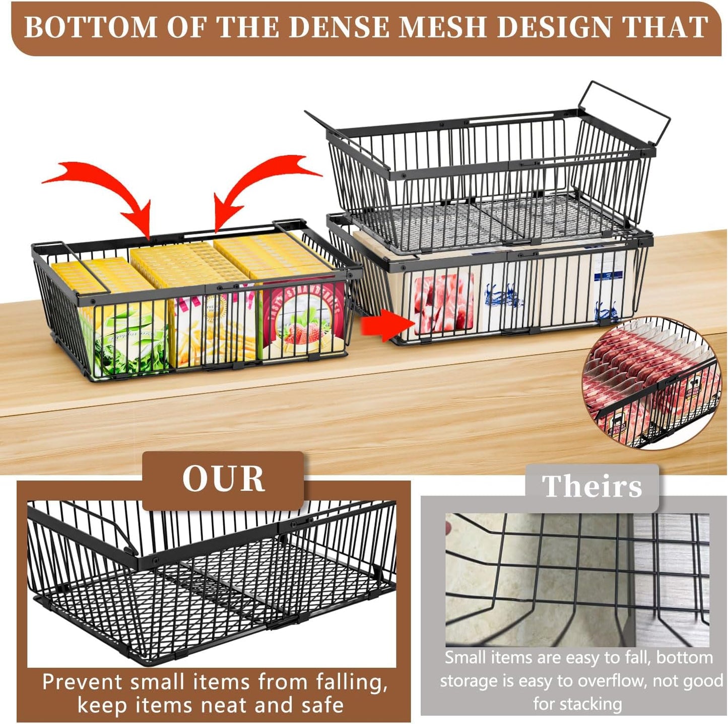 Large Freezer Organizer Bins，Upgraded Bottom Leak-Proof net，Fit 10 to 20 Cu Ft Chest Freezer，2 Pack， Expandable Stackable Chest Freezer Containers with Handle(Black-2Pack)