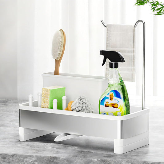 Stainless Steel Sink Caddy, Sponge Holder for Kitchen Sink with Brush Holder & Dishcloth Rack, Rustproof Sink Organizer Countertop, Kitchen Organizers Storage Essentials (E-White)