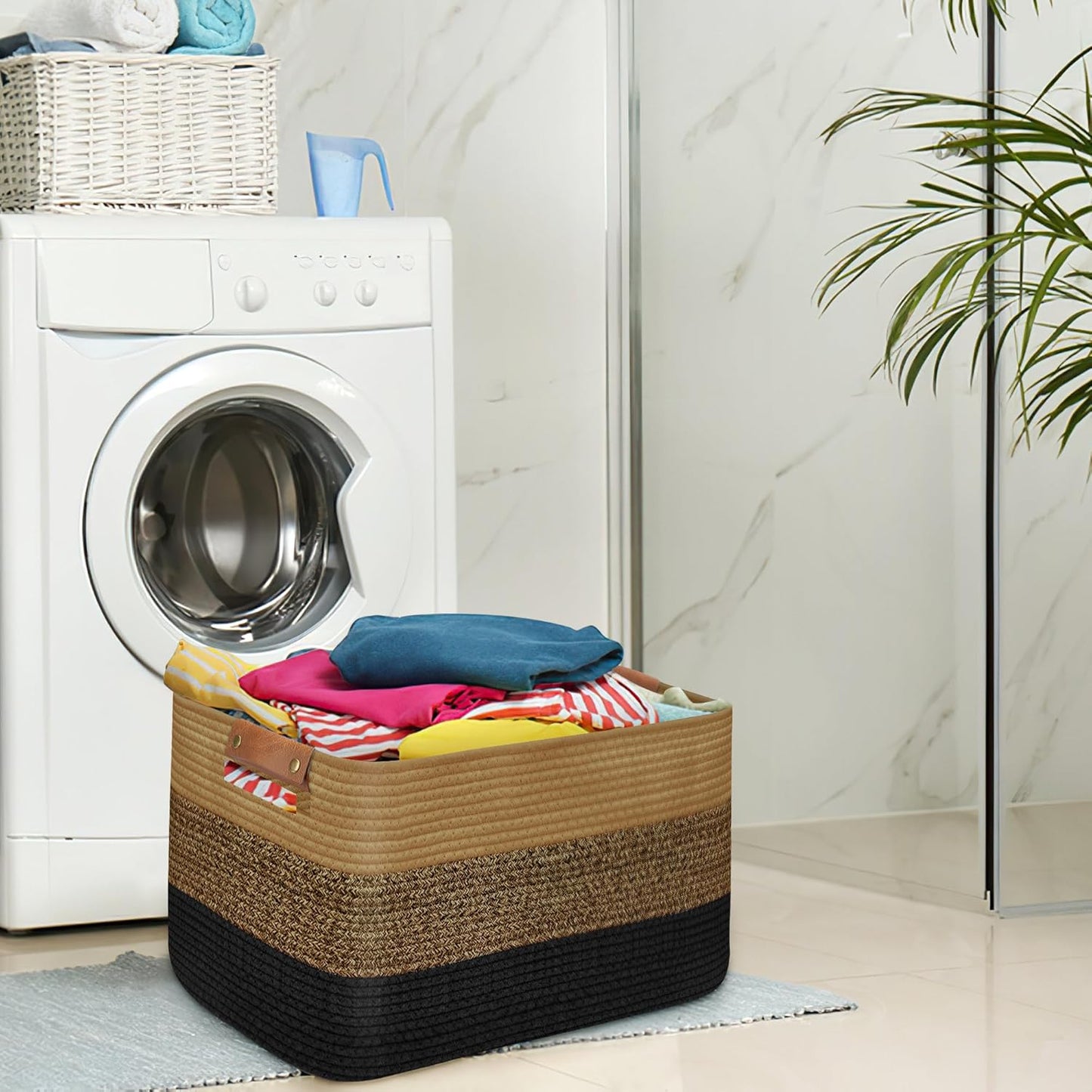 Large Collapsible Laundry Basket, Clothes Hamper for Blanket, Toy, Towels, Woven Baskets for Storage, Nursery Home Decor Living room 21.6" x 15" x 11.8" Black