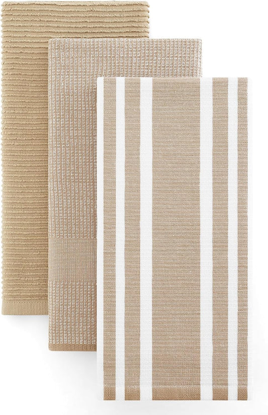 Homaxy Premium Kitchen Towels(18”x 28”, 3 Pack), Large Cotton 380 GSM Kitchen Hand Towels, Soft and Absorbent Terry Dish Towels, Multipurpose Tea Towel Set with Hanging Loop, Khaki