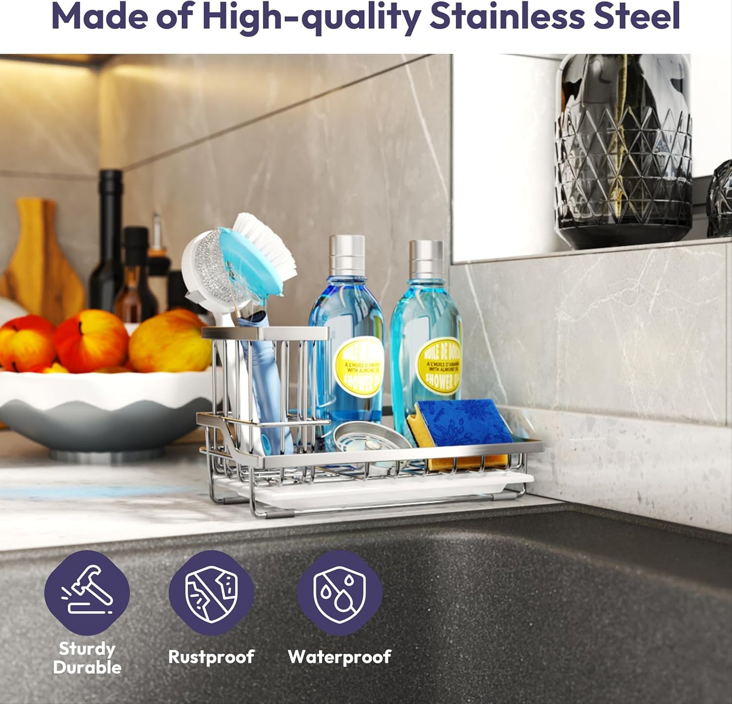 SWTYMIKI Multifunctional Kitchen Sink Caddy - Large Sponge Holder for Kitchen Sink with Removable Brush Holder + Drip Tray, Silver