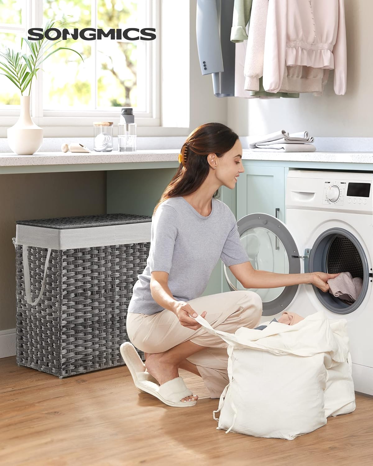 SONGMICS Laundry Hamper with Lid, 110L Clothes Hamper with 2 Removable Liner Bags, 6 Mesh Bags, Wicker Laundry Basket, Double Laundry Hamper for Bathroom, 13 x 22.4 x 23.6 Inches, Gray ULCB52WG