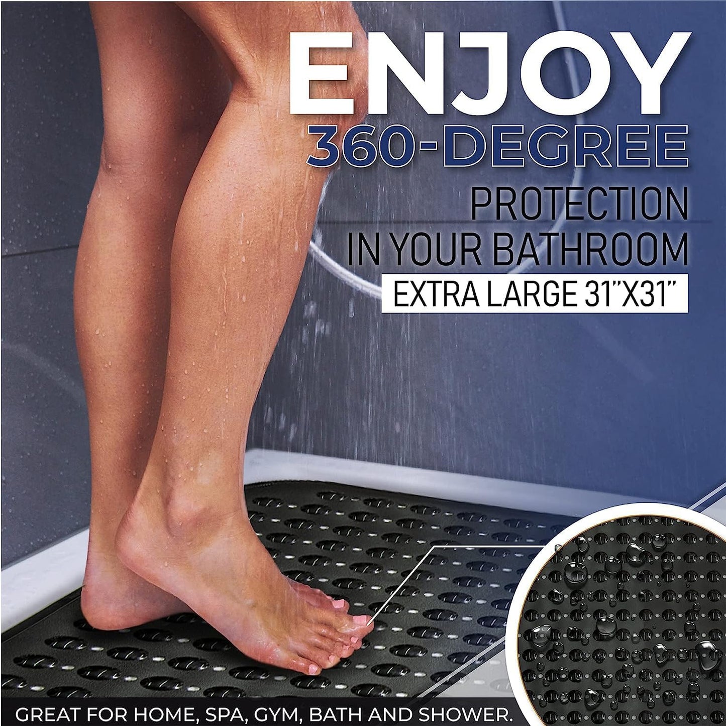 ENKOSI Extra Large Square Non Slip Shower Mat - 31 x 31-inch XL Bathroom Shower Mat - Square Shower Matts for Shower Stall Floors | Secure Suction Cups and Drain Holes (31x31 Clear Brown)