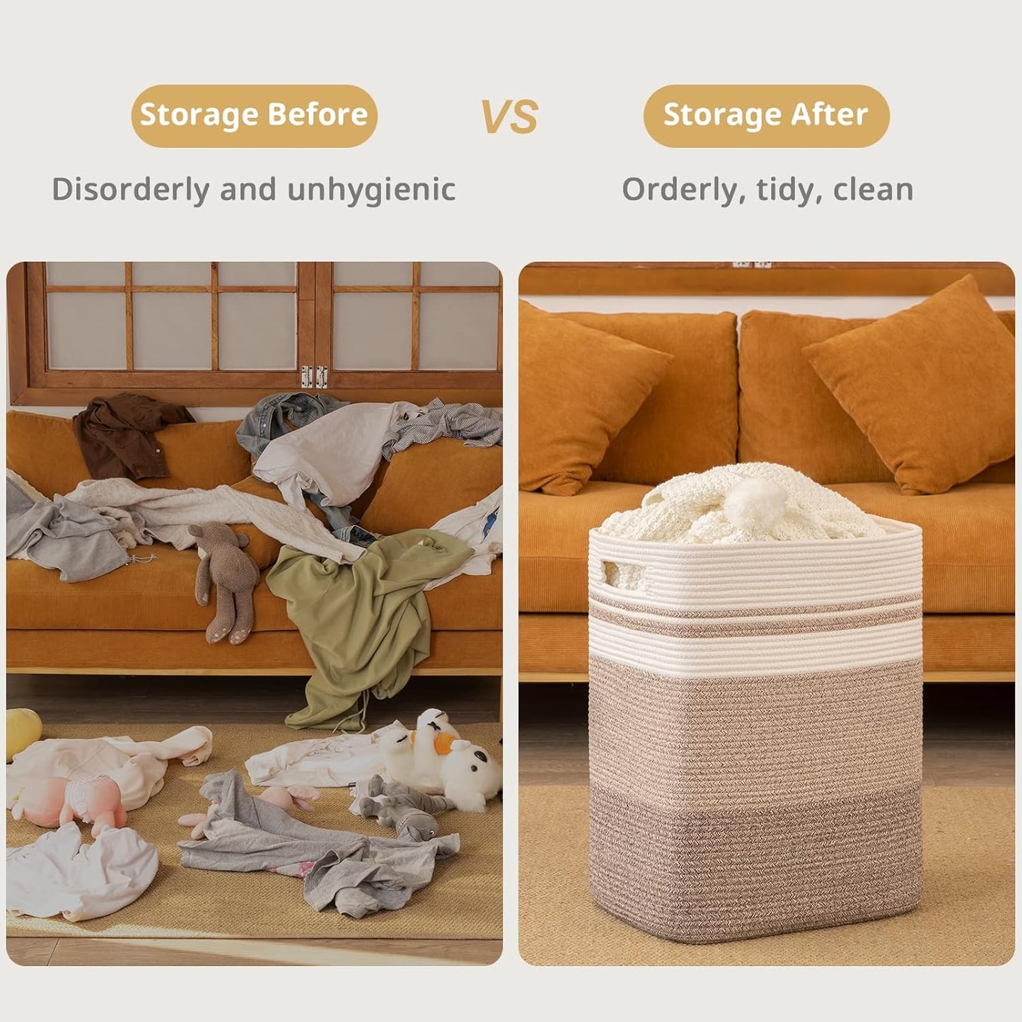 OIAHOMY Rectangle Laundry Basket, Large Laundry Hamper with Handles, Cotton Blanket Basket for Living room, Woven Decorative Storage Basket for Clothes,Pillows-16x13x22in-Gradient Yellow