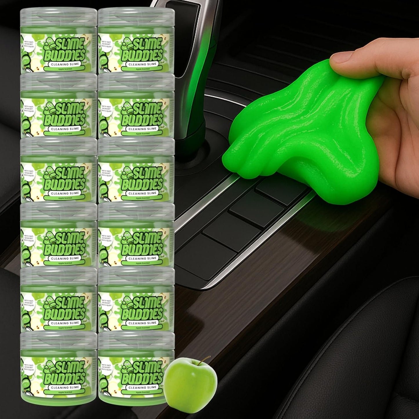 Slime Buddies Car Cleaning Gel Putty - 12 Pack Apple Scented Interior Detailing Tool for Cup Holder, Air Vent & Keyboard - Reusable Auto Detailing Accessories - Dust Remover Goop - Gifts for Men Women