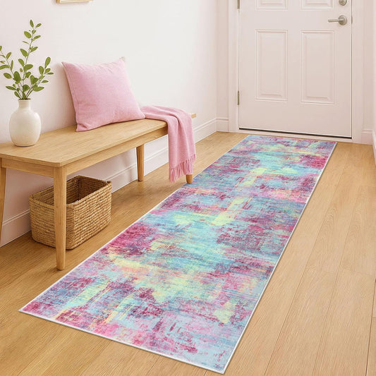 IOHOUZE Abstract Runner Rug 2x6 Ft Washable Runners for Hallways, Non Slip Kitchen Runner Printed Faux Wool Entryway Runner Indoor, Modern Abstract Floor Carpet for Hall Kitchen Bedroom, Pink Teal