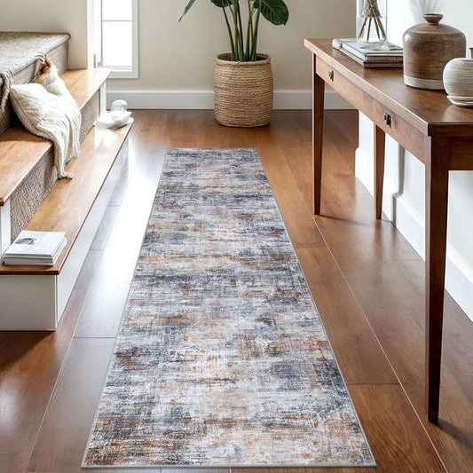 IOHOUZE Abstract Runner Rug 2x8 Ft Washable Runners for Hallways, Non Slip Kitchen Runner Soft Printed Faux Wool Entryway Runner Indoor, Modern Abstract Floor Carpet for Hall Bedroom, Orange Grey