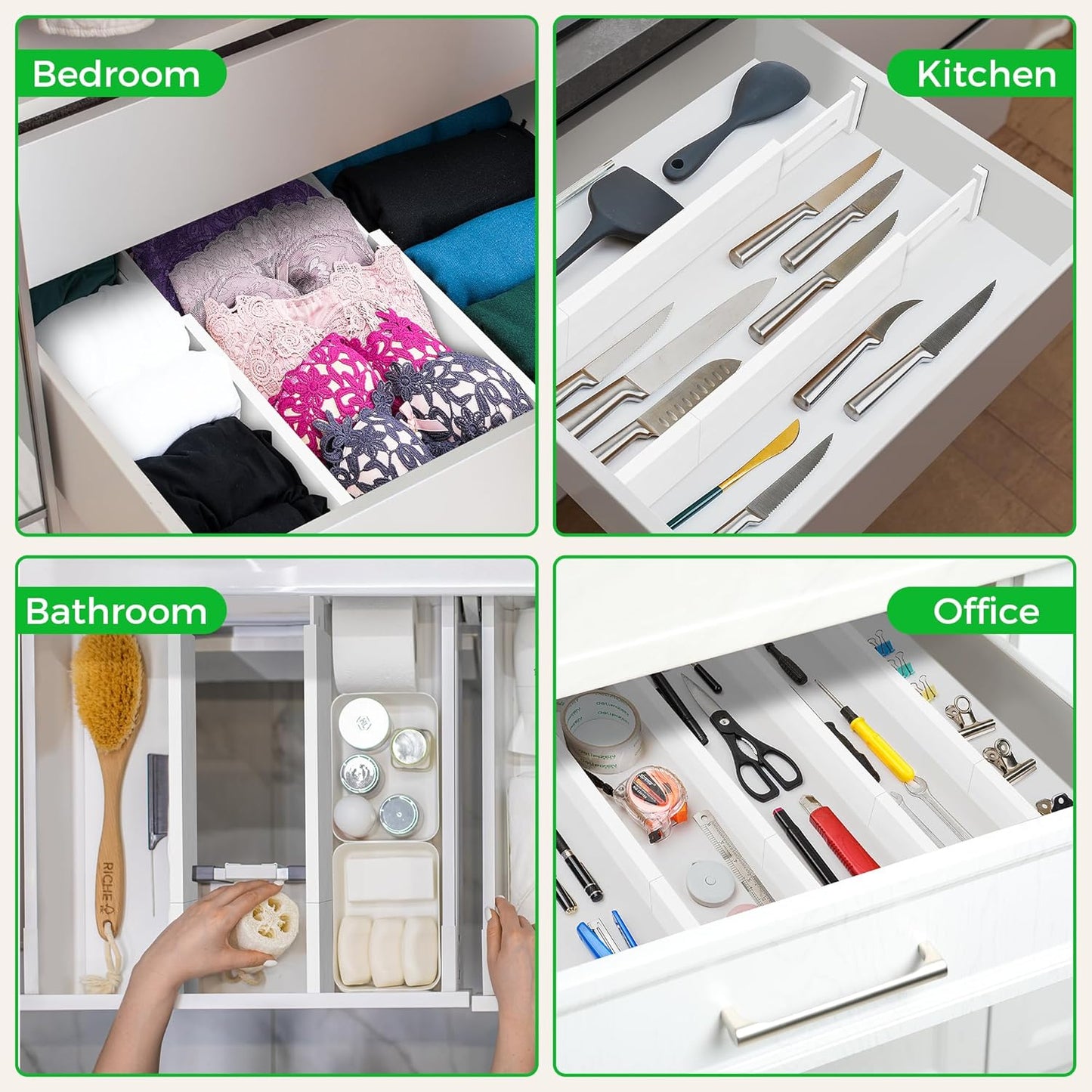 Bamboo Drawer Dividers Organizer with Inserts, Expandable from 12.5-21.7", Adjustable Drawer Organizer Separators for Utensils, Dresser, Bedroom, Bathroom, Closet, Clothing, Office (White)