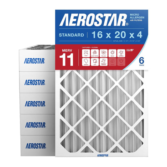 Aerostar 16x20x4 MERV 11 - 6 Count - Pleated HVAC, Furnace & Air Conditioner Filters - Removes Dust, Cold & Flu Germs, Lint, Mold, Pet Dander, Allergy-Causing Pollen, Smog & Smoke