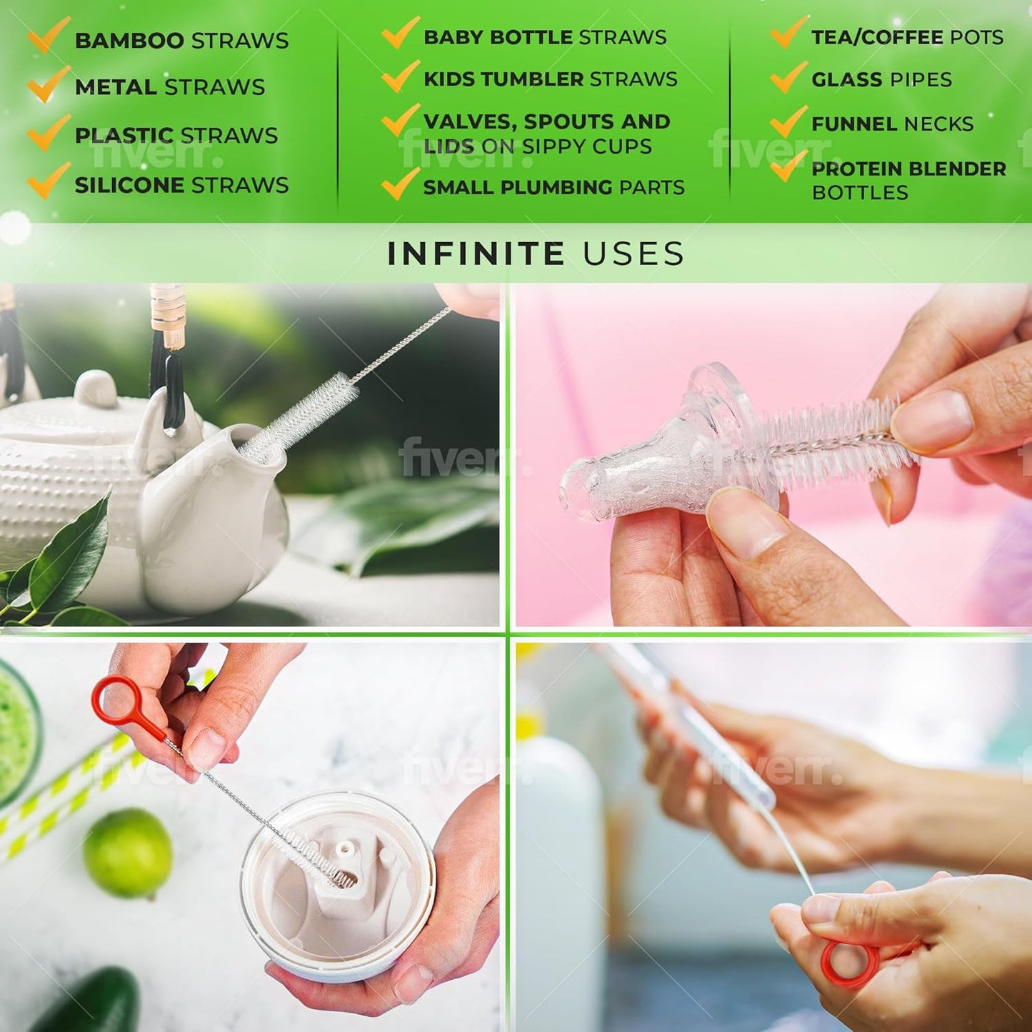 Heavy Duty Cleaning Brushes Set of 8 - Extra Long Straw Cleaners for Metal and Plastic Reusable Drinking Straws, to Clean Small Spaces, Sippy Cups, Water Bottles - Sturdy Hard Brush Bristles