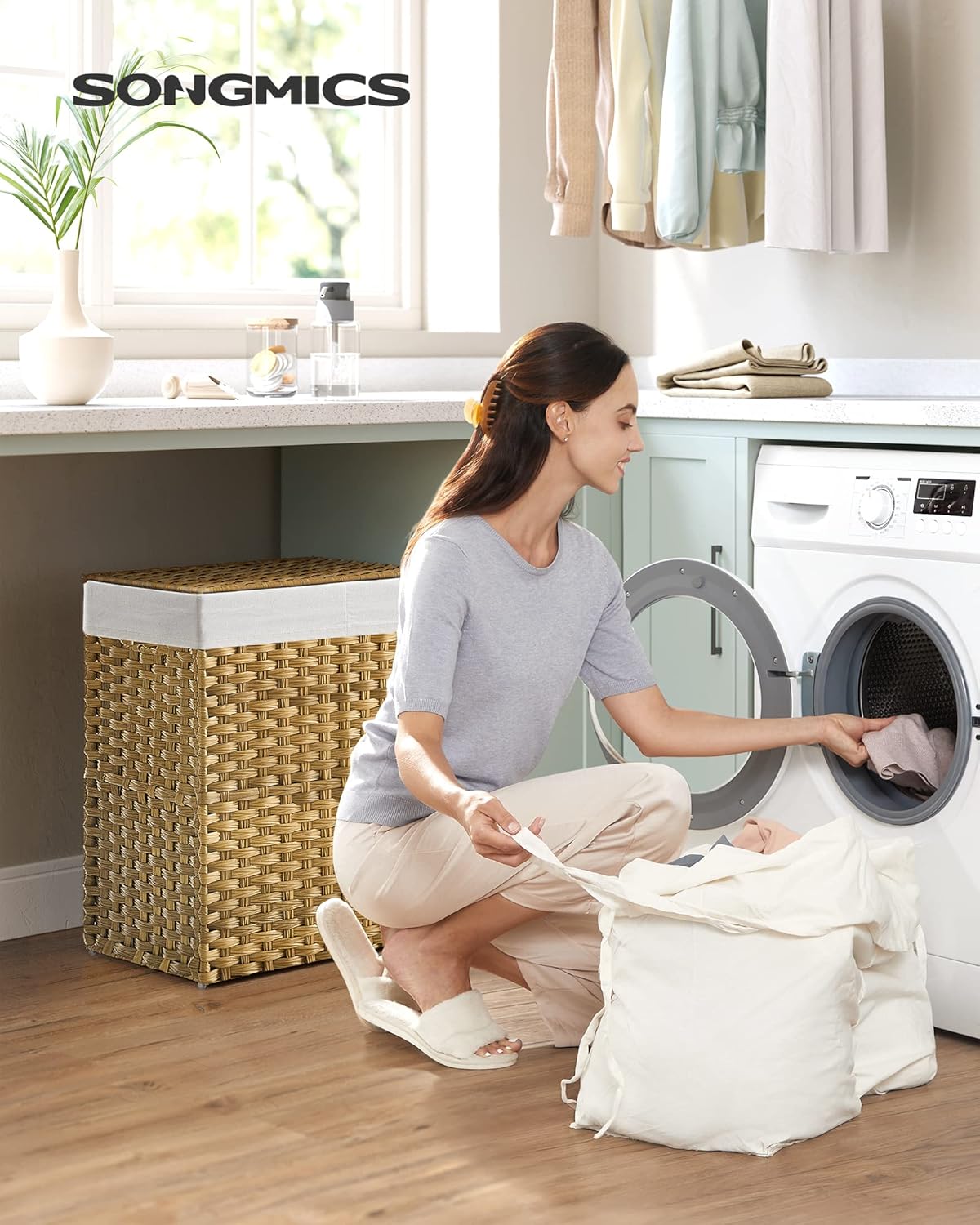 SONGMICS Laundry Hamper with Lid, 90L Clothes Hamper with 2 Removable Liner Bags, 6 Mesh Bags, Wicker Laundry Basket, Double Laundry Hamper for Bathroom, 13 x 18.1 x 23.6 Inches, Natural ULCB251N01V1