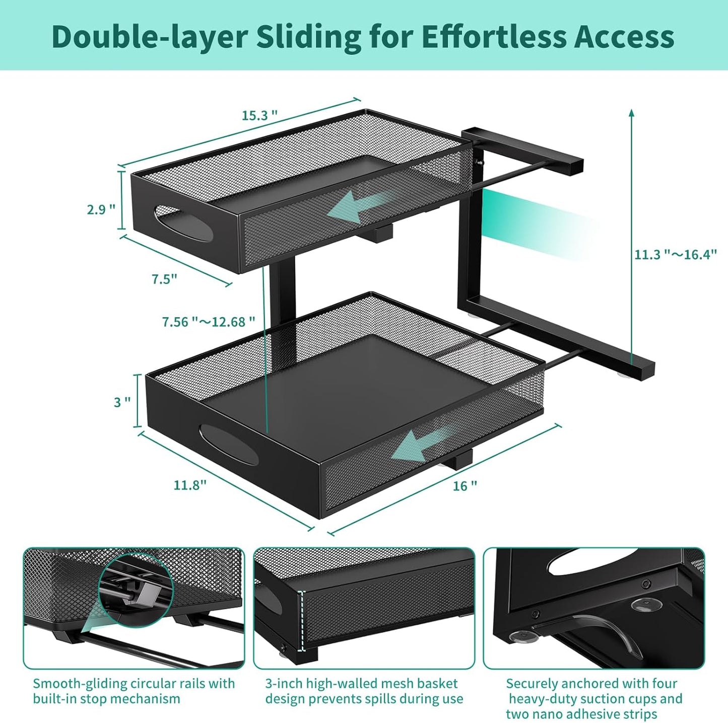 Under Sink Organizer, Extra-Wide Upgrade, 2-Pack of 2-Tier Metal Slide Out Cabinet Organizer, Height Adjustable Organization and Storage Series, Bathroom/Cabinet/Kitchen organization, Black