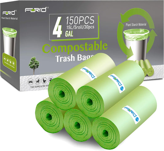 FORID 4 Gallon Garbage Bags, 150 Count, Unscented, Strong Trash Can Liners, 15 Liter Wastebasket Bags for Kitchen, Bathroom, Home Office, Green