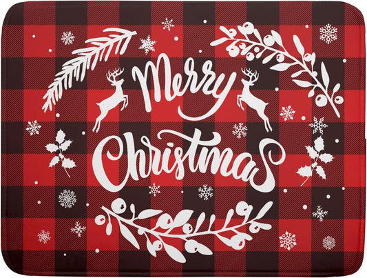 Merry Christmas Dish Drying Mat 18x24 Inch for Christmas Kitchen Counter Decor Absorbent Reversible Microfiber Red Buffalo Check Plaid Dishes Pad Dish Drainer Rack Mats Kitchen Accessories
