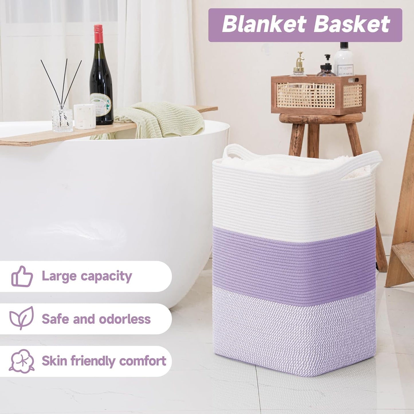 CLHMILY&Z 75L Laundry Basket Rectangular Lavender Rope - 16x13x22 Inches - Dirty Clothes and Soft Storage Bin for Blankets, Toys, and Nursery Essentials