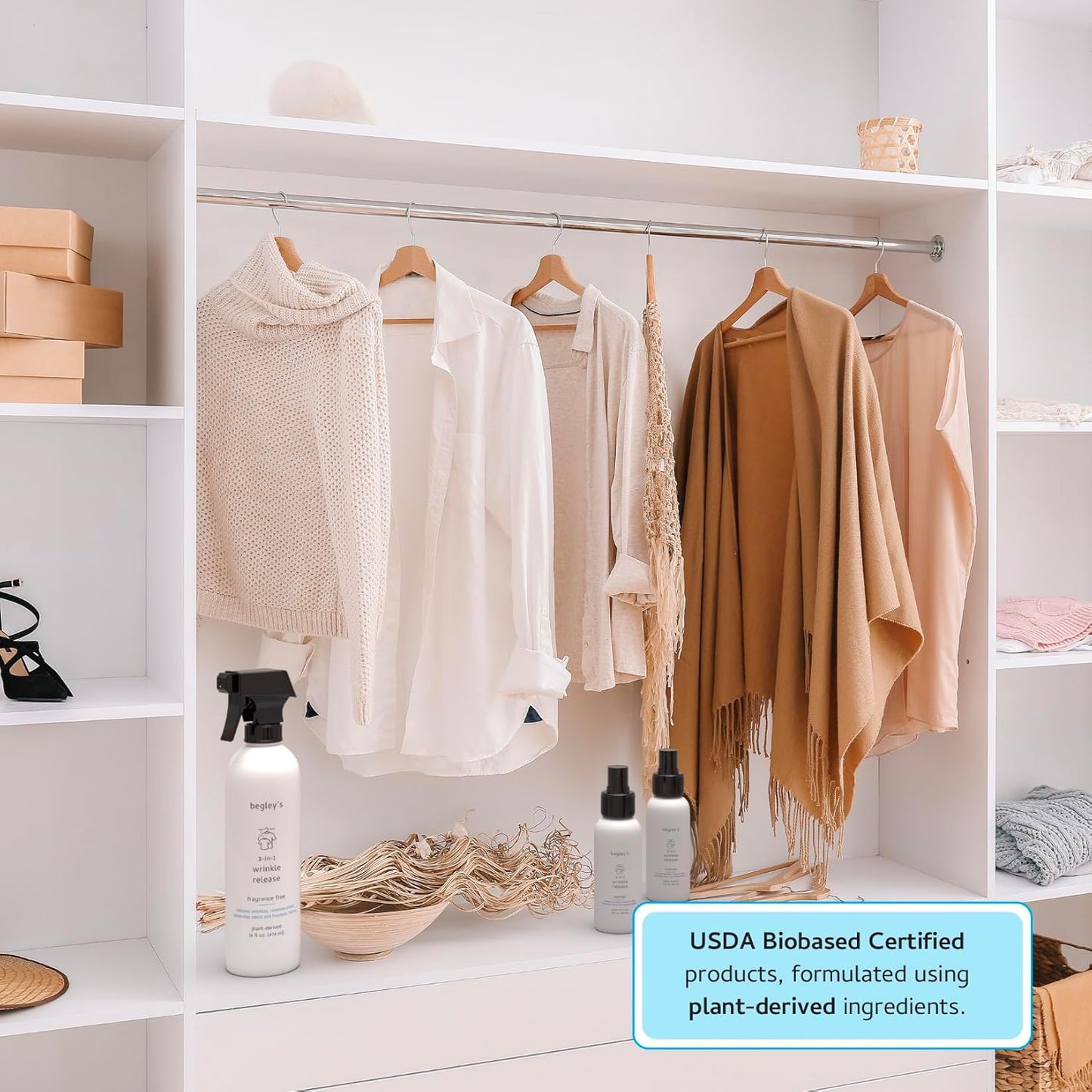 Begley's 3-in-1 Wrinkle Remover, Quick Fix Wrinkle Release, Static Cling Remover, Odor Eliminator and Fabric Refresher Spray - USDA Certified Biobased - Fragrance-Free, 3 oz Travel Size