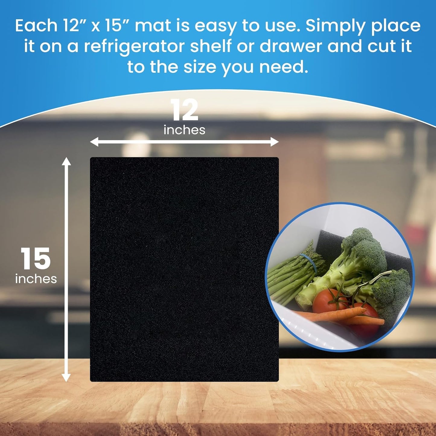 Bluapple FreshMats, Refrigerator Bin Liner, Fridge Drawer Mats, Crisper Life Extender Liner Keeps Produce Fresh Longer, Anti-Bruising, for Air Circulation, Washable & Reusable (4-Mats, 12x15, Black)