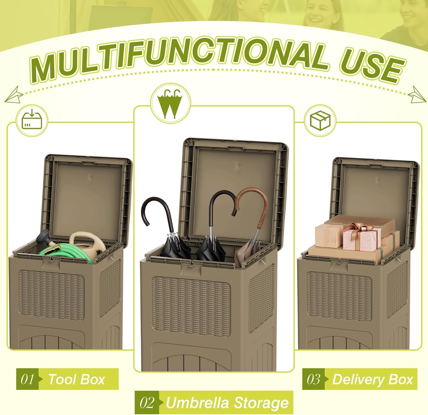 Greesum 33 Gallon Resin Outdoor Trash Can with Lid, Waterproof Resin Garbage Bin for Hideaway, Patio, Deck, 4 Pack, Light Brown