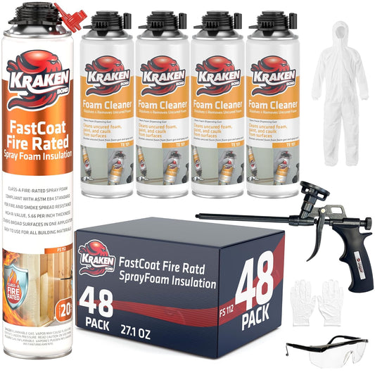 Kraken Bond Fastcoat Fire Rated Spray Foam Insulation (48x27.1 oz.) (R-Value 11.32 / 2in) Closed Cell Expanding Foam - Heat and Acoustic Insulation, 1 Gun & 4 Cleaner Included, 960 Board Ft, 48 Pack
