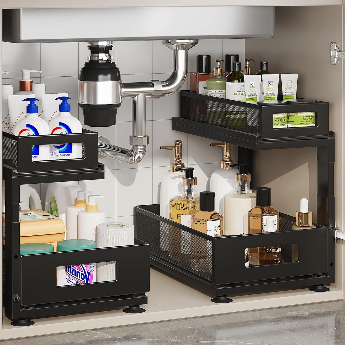 2 Pack Under Sink Organizer with Next-Gen Ball-Bearing Slides,2-Tier Pull Out Cabinet Storage,Height Adjustable Drawer Shelf for Bathroom,Kitchen,Laundry,Cabinet,Pantry(Patent Pending)