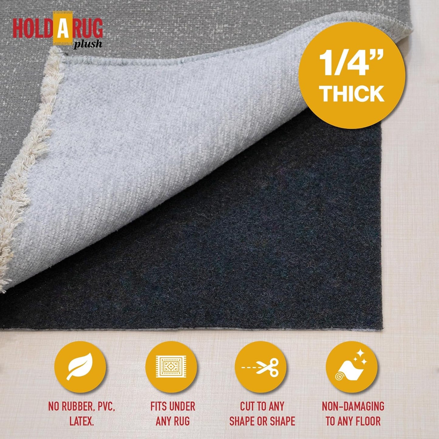 Hold-a-Rug Plush 8' x 10' Nonskid, Nonslip Rug Pad, Reversible Gripper, ¼ Thick, Safe for All Floors and Carpet, Keep Area Rugs Secure