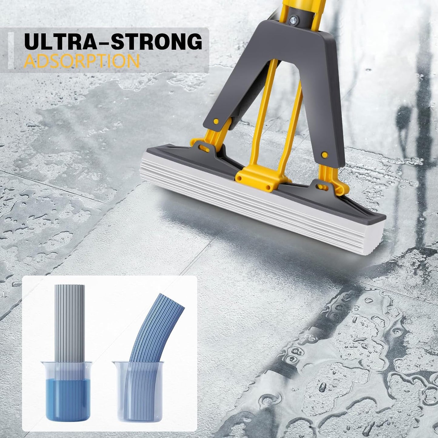 Masthome Sponge Mop,Roller Sponge Mop with 3 Absorbent PVA Mop Refills,Self Squeeze Sponge Mops and Stainless Steel Handle,PVA Sponge Mops for Floor Cleaning