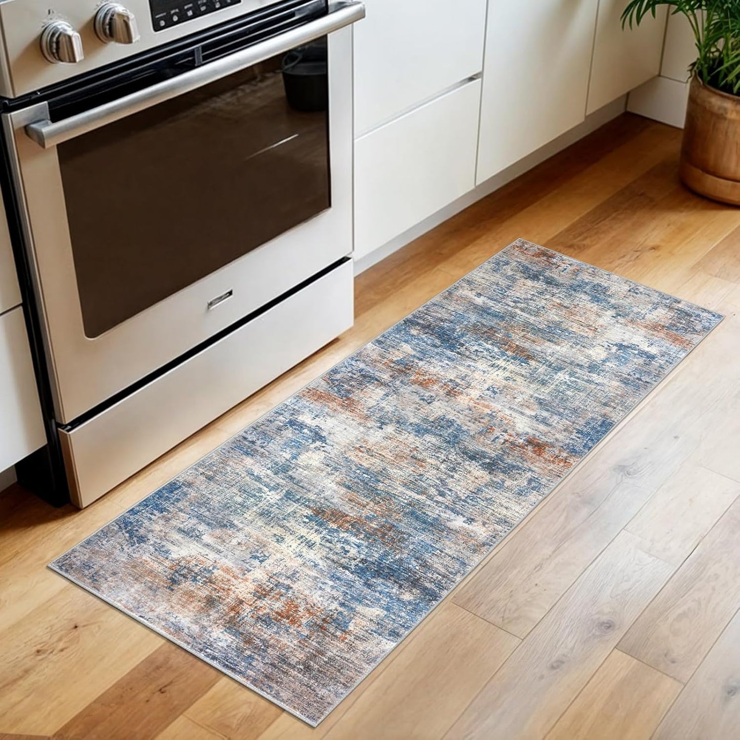 IOHOUZE Abstract Runner Rug 2x5 Ft Washable Runners for Hallways, Non Slip Kitchen Runner Printed Faux Wool Entryway Runner Indoor, Modern Abstract Floor Carpet for Hall Bedroom, Blue Rust