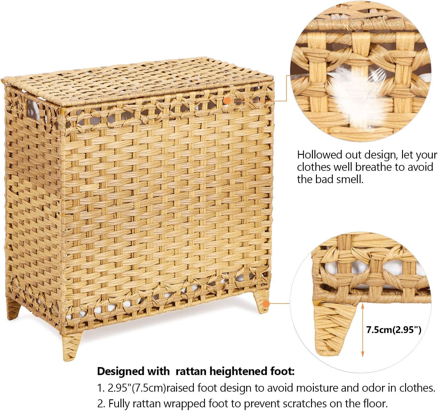 Laundry Hamper with 3 Removable Liner Bags; 132L Handwoven Rattan Laundry Basket with Lid & Heightened Feet; Clothes Hamper with Side Handles; Laundry Sorter with 3 Separate Sections (Natural)