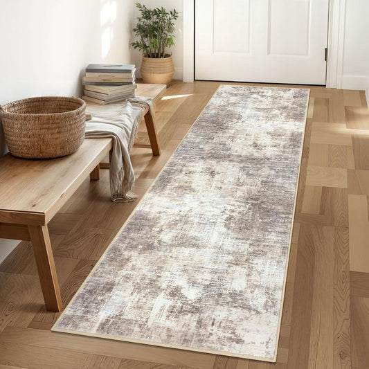 IOHOUZE Abstract Runner Rug 2x6 Ft Washable Runners for Hallways, Non Slip Kitchen Runner Printed Faux Wool Entryway Runner Indoor, Modern Abstract Floor Carpet for Hall Kitchen Bedroom, Beige Brown